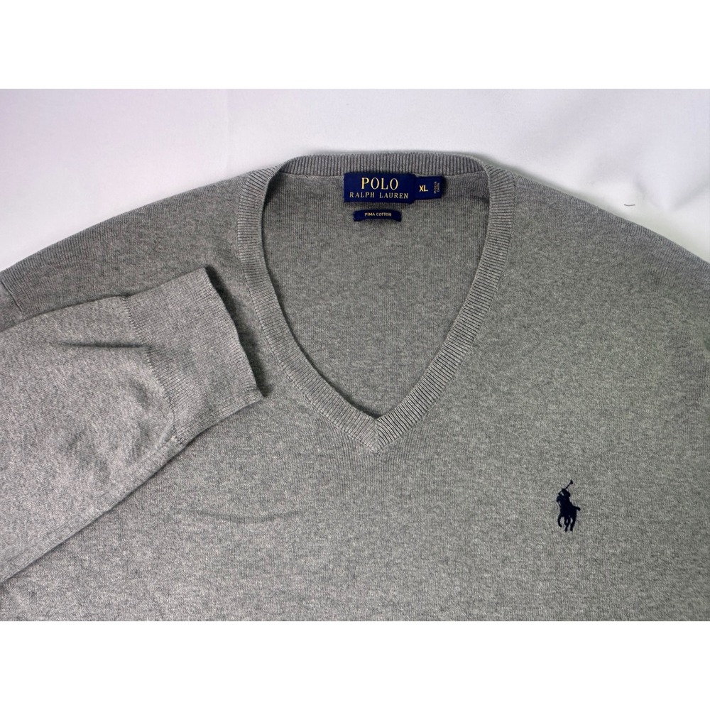 Polo Ralph Lauren V-Neck Sweater Gray Pima Cotton Pullover Logo Luxury XL‎
